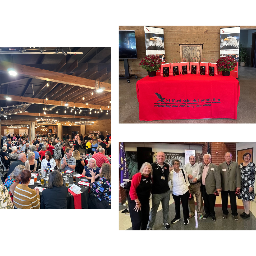 Collage of people at event, group photo, and table set-up